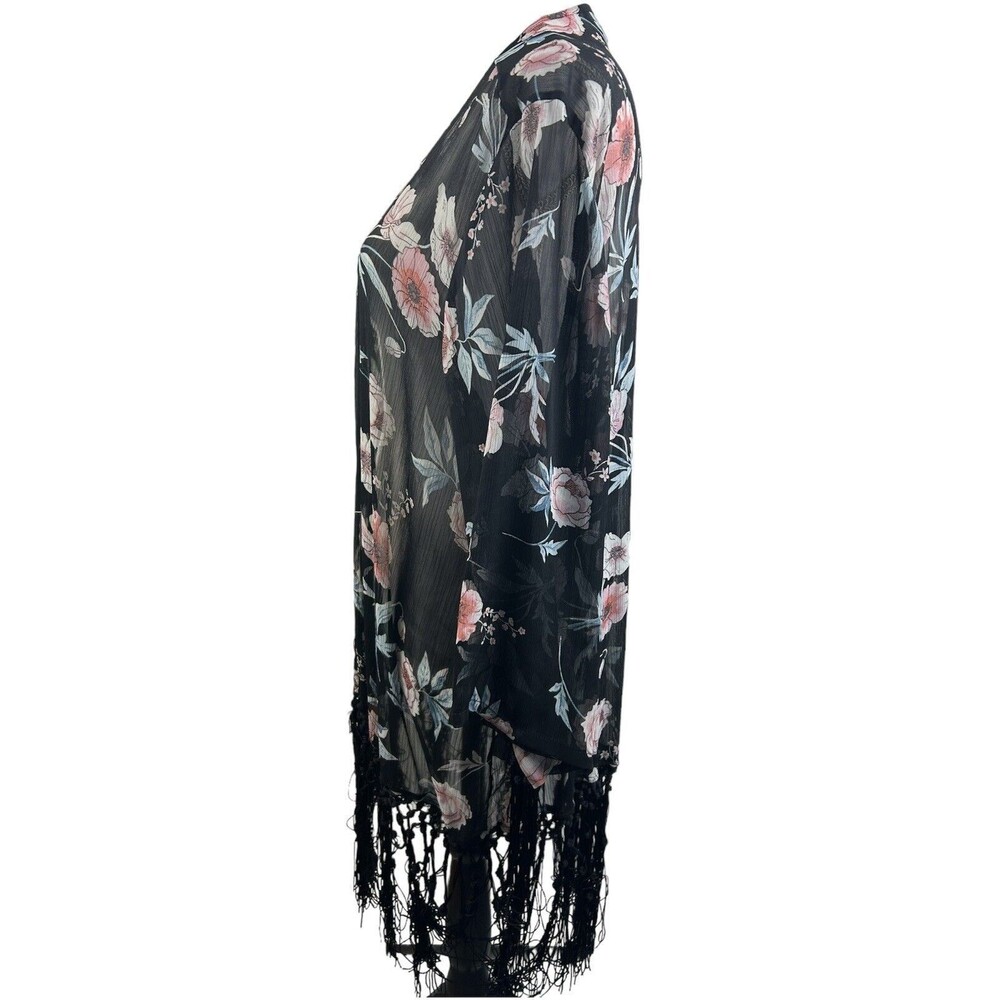 Torrid Floral Fringe Trim Sheer Half Sleeve Kimono Coverup Size 1/2 - Picture 2 of 9